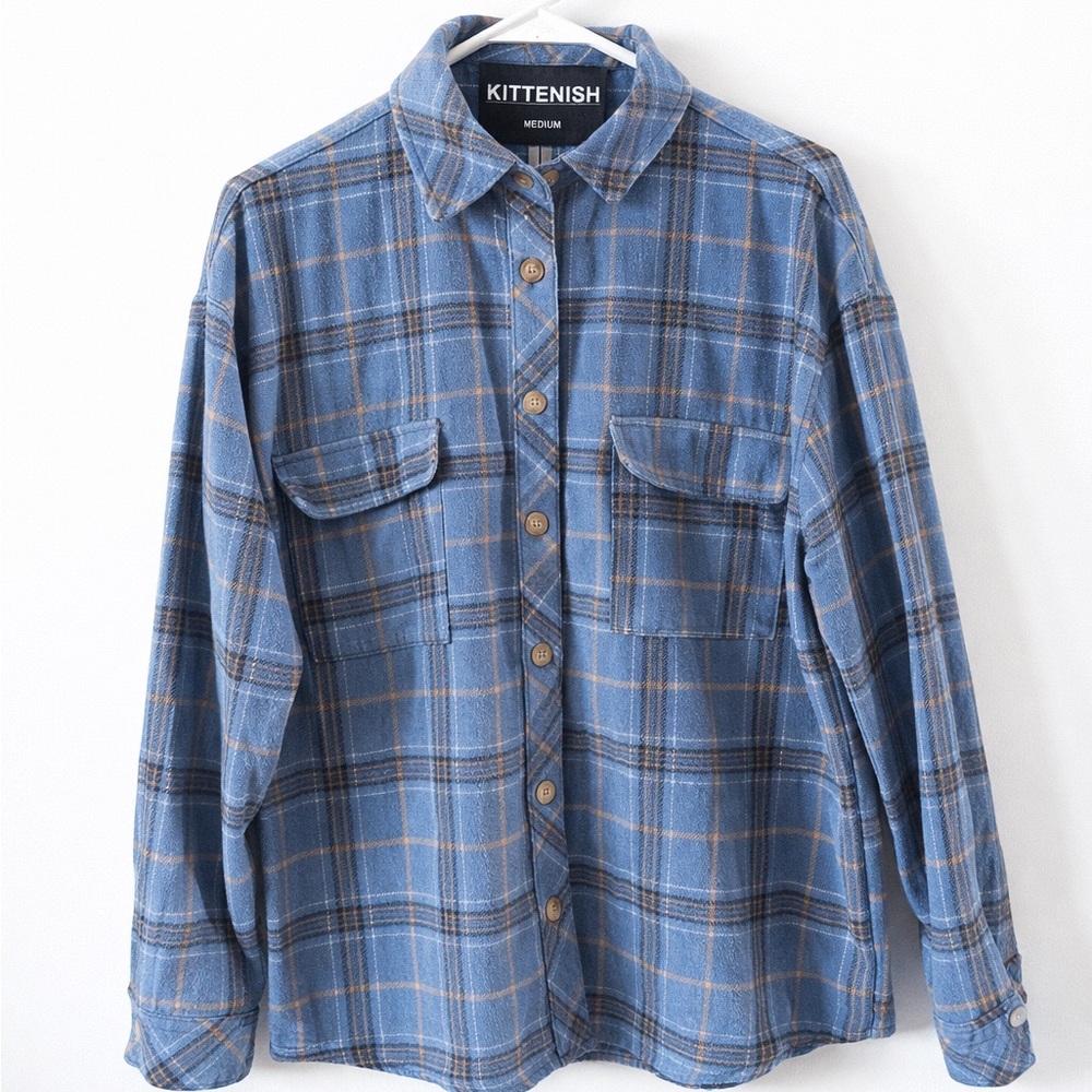 Kittenish Womens Blue Plaid Flannel Button Down Shirt Medium Long Sleeve Shacket
